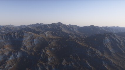 Mars like red planet, with arid landscape, rocky hills and mountains, for space exploration and science fiction backgrounds.
