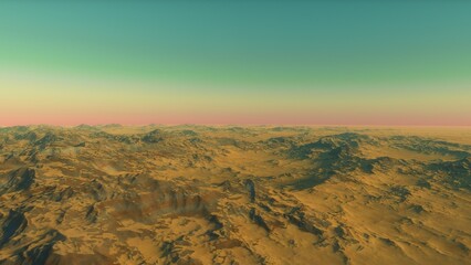 Mars like red planet, with arid landscape, rocky hills and mountains, for space exploration and science fiction backgrounds.
