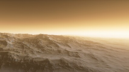 Mars like red planet, with arid landscape, rocky hills and mountains, for space exploration and science fiction backgrounds.
