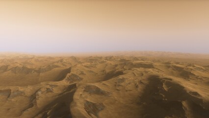 Mars like red planet, with arid landscape, rocky hills and mountains, for space exploration and science fiction backgrounds.
