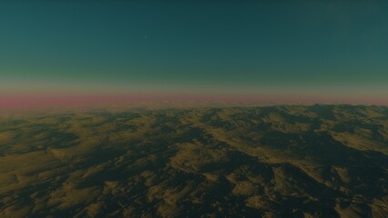 Mars like red planet, with arid landscape, rocky hills and mountains, for space exploration and science fiction backgrounds.
