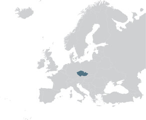Blue Map of Czech Republic within gray map of European continent