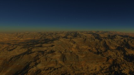 Mars like red planet, with arid landscape, rocky hills and mountains, for space exploration and science fiction backgrounds.
