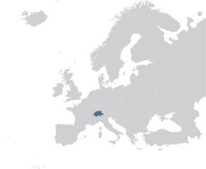 Blue Map of Switzerland within gray map of European continent