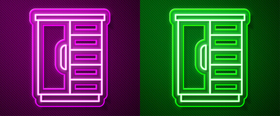 Glowing neon line Wardrobe icon isolated on purple and green background. Cupboard sign. Vector