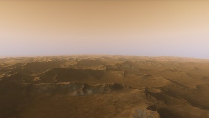 Mars like red planet, with arid landscape, rocky hills and mountains, for space exploration and science fiction backgrounds.
