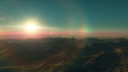Mars like red planet, with arid landscape, rocky hills and mountains, for space exploration and science fiction backgrounds.
