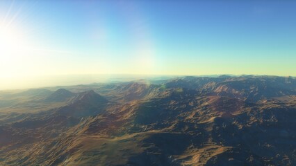 Mars like red planet, with arid landscape, rocky hills and mountains, for space exploration and science fiction backgrounds.
