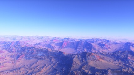 Fototapeta premium Mars like red planet, with arid landscape, rocky hills and mountains, for space exploration and science fiction backgrounds. 