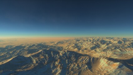 Mars like red planet, with arid landscape, rocky hills and mountains, for space exploration and science fiction backgrounds.
