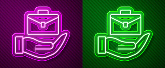 Glowing neon line Hand holding briefcase icon isolated on purple and green background. Insurance concept. Security, safety, protection, protect concept. Vector