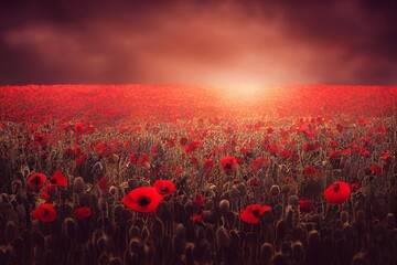 Fototapeta na wymiar Poppy field. Remembrance day concept. Neural network generated art. Digitally generated image. Not based on any actual scene or pattern. High quality illustration.