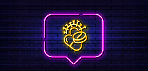 Naklejka premium Neon light speech bubble. Coronavirus pills line icon. Covid-19 virus vaccine sign. Corona virus symbol. Neon light background. Coronavirus pills glow line. Brick wall banner. Vector