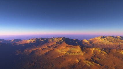 Mars like red planet, with arid landscape, rocky hills and mountains, for space exploration and science fiction backgrounds.
