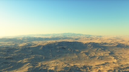 Mars like red planet, with arid landscape, rocky hills and mountains, for space exploration and science fiction backgrounds.
