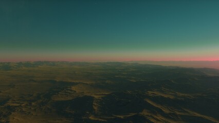 Mars like red planet, with arid landscape, rocky hills and mountains, for space exploration and science fiction backgrounds.

