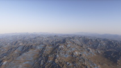 Mars like red planet, with arid landscape, rocky hills and mountains, for space exploration and science fiction backgrounds.
