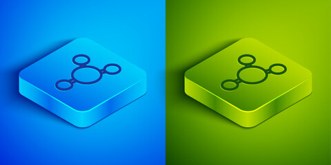 Isometric line Molecule icon isolated on blue and green background. Structure of molecules in chemistry, science teachers innovative educational poster. Square button. Vector