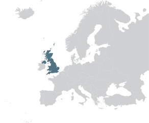 Blue Map of United Kingdom within gray map of European continent