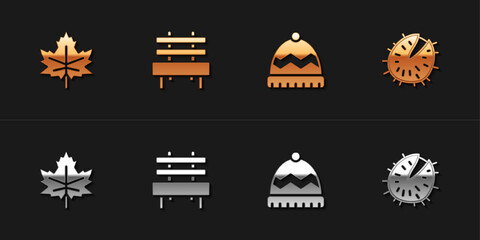 Set Leaf or leaves, Bench, Winter hat and Chestnut icon. Vector