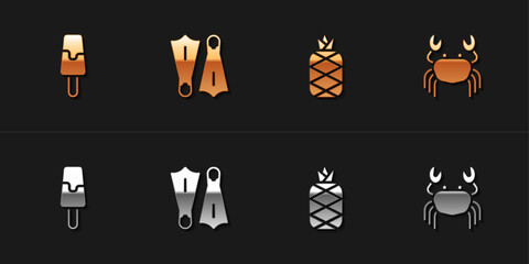Set Ice cream, Rubber flippers for swimming, Pineapple and Crab icon. Vector