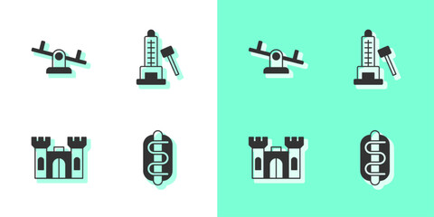 Set Hotdog sandwich, Seesaw, Castle and Striker attraction with hammer icon. Vector