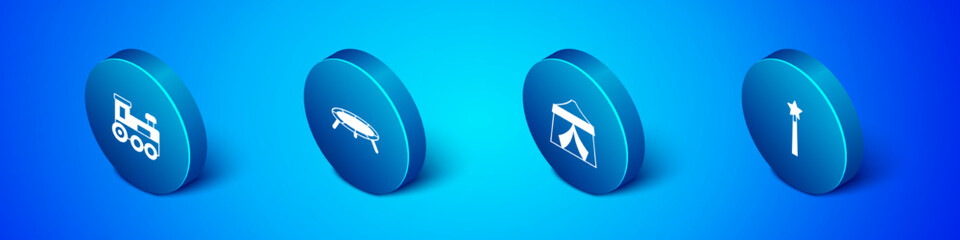 Set Isometric Toy train, Circus tent, Magic wand and Jumping trampoline icon. Vector