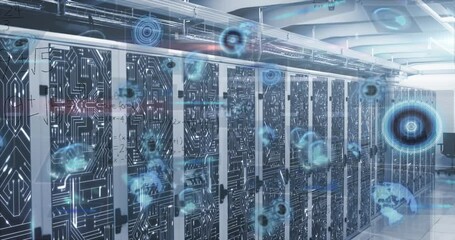Animation of mathematical equations and multiple round scanners against computer server room - Powered by Adobe