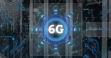 Animation of 6g text, microprocessor connections and mathematical equations against server room - Powered by Adobe