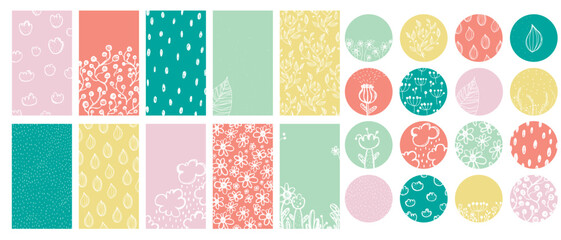 Social media stories templates. Abstract shapes and floral hand drawn elements. Vertical background template. Highlight cover set