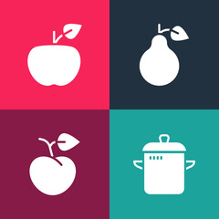 Set pop art Cooking pot, Peach fruit or nectarine, Pear and Apple icon. Vector