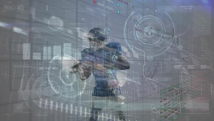 Animation of infographic interface over african american rugby player holding ball and doing drill - Powered by Adobe