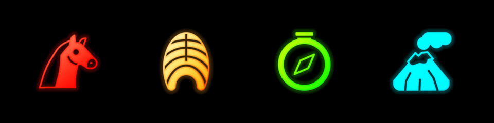 Set Horse, Fish steak, Compass and Volcano icon. Vector