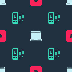 Set Ohmmeter, Laptop and Ampere multimeter on seamless pattern. Vector