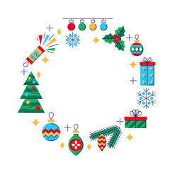 Merry Christmas and Happy New Year frame. Holiday winter seasonal objects.
