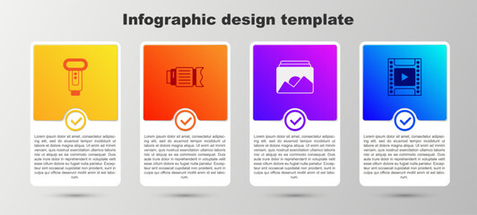 Set Photo camera flash, Camera photo lens, frame and film roll cartridge. Business infographic template. Vector