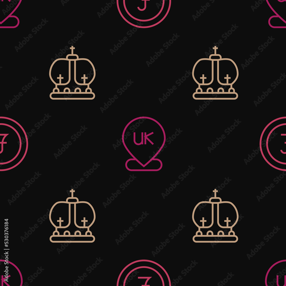 Sticker set line coin money with pound, british crown and location england on seamless pattern. vector