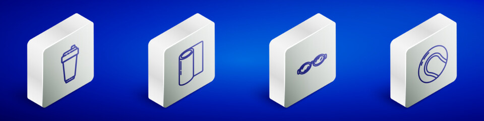 Set Isometric line Fitness shaker, mat roll, Glasses for swimming and Baseball ball icon. Vector