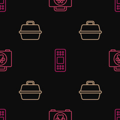 Set line Pet first aid kit, carry case and Bandage plaster on seamless pattern. Vector