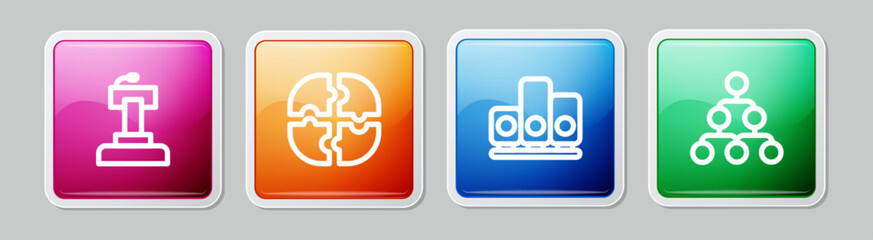 Set line Stage stand or tribune, Piece of puzzle, Ranking star and Hierarchy organogram chart. Colorful square button. Vector