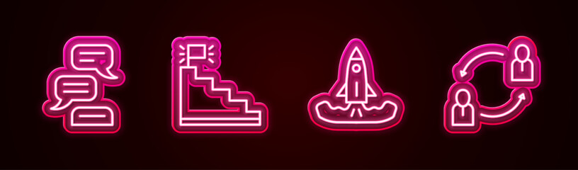 Set line Speech bubble chat, Stair with finish flag, Rocket and Human resources. Glowing neon icon. Vector