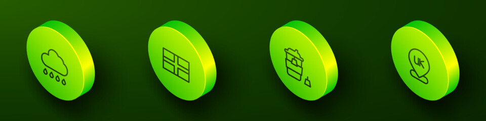 Set Isometric line Cloud with rain, Flag of England, Coffee cup to go and Location icon. Vector