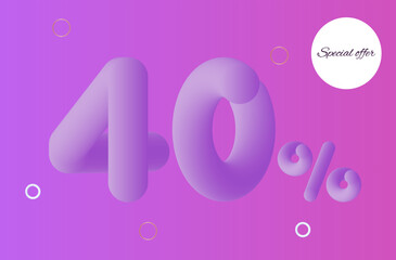 Special offer 40 percent discount. Gift bonus, reduced percentage, bargain. Seasonal sale, low price. Advertising promotion of goods, special offer. Romantic 3d vector banner. Magenta background.