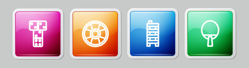 Set line Domino, Casino chip, Mahjong pieces and Racket. Colorful square button. Vector