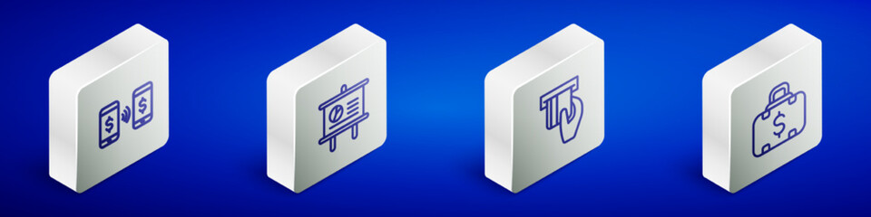 Set Isometric line Money payment transfer, Chalkboard with diagram, Credit card inserted and Briefcase and money icon. Vector
