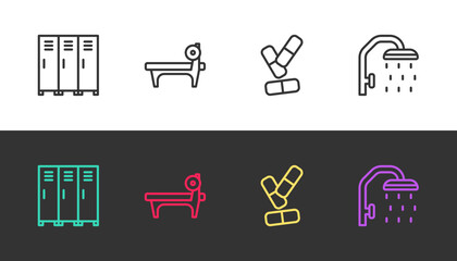 Set line Locker or changing room, Bench with barbel, Vitamin pill and Shower head on black and white. Vector