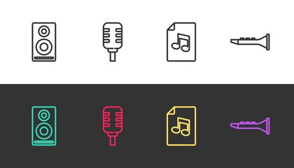 Set line Stereo speaker, Microphone, Music book with note and Clarinet on black and white. Vector