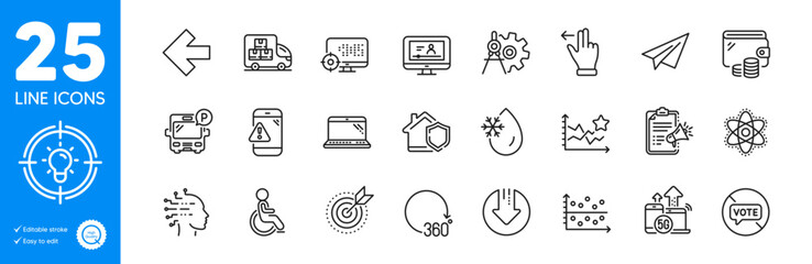 Outline icons set. Paper plane, 360 degrees and Bus parking icons. Seo, 5g internet, Delivery truck web elements. Download arrow, Megaphone checklist, Target purpose signs. Stop voting. Vector