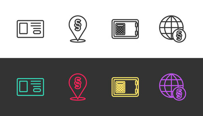 Set line Identification badge, Location law, Safe and International on black and white. Vector