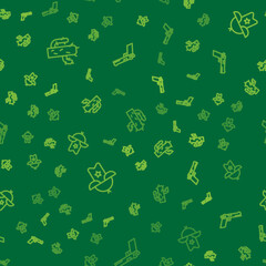 Set line Cactus, Western cowboy hat and Pistol or gun on seamless pattern. Vector